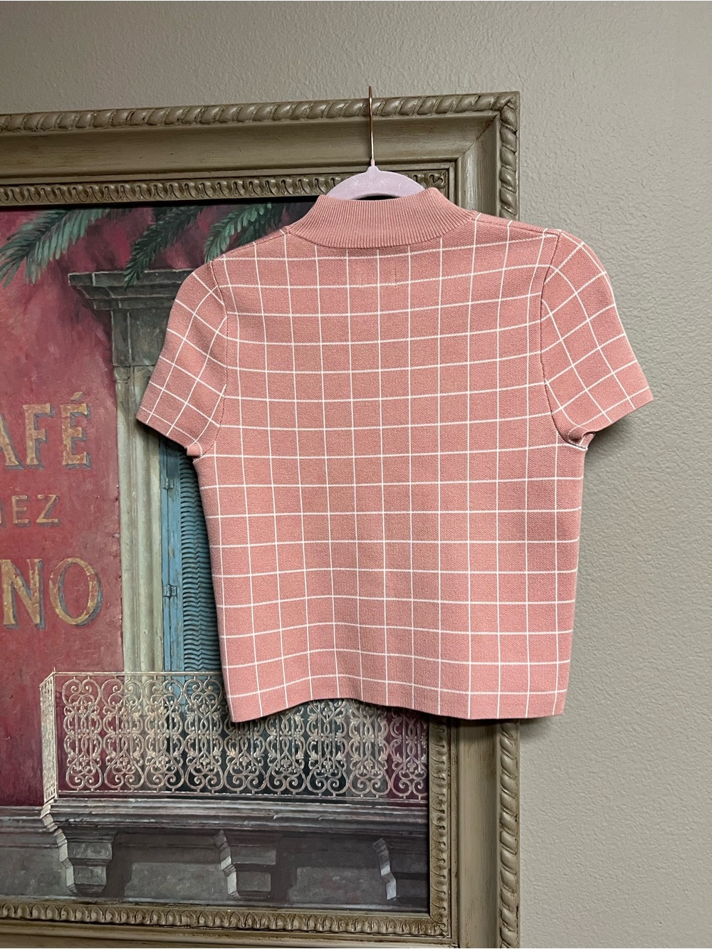Anthropologie Maeve Pink Grid Mock-Neck Short Sleeve Top - Picture 5 of 11
